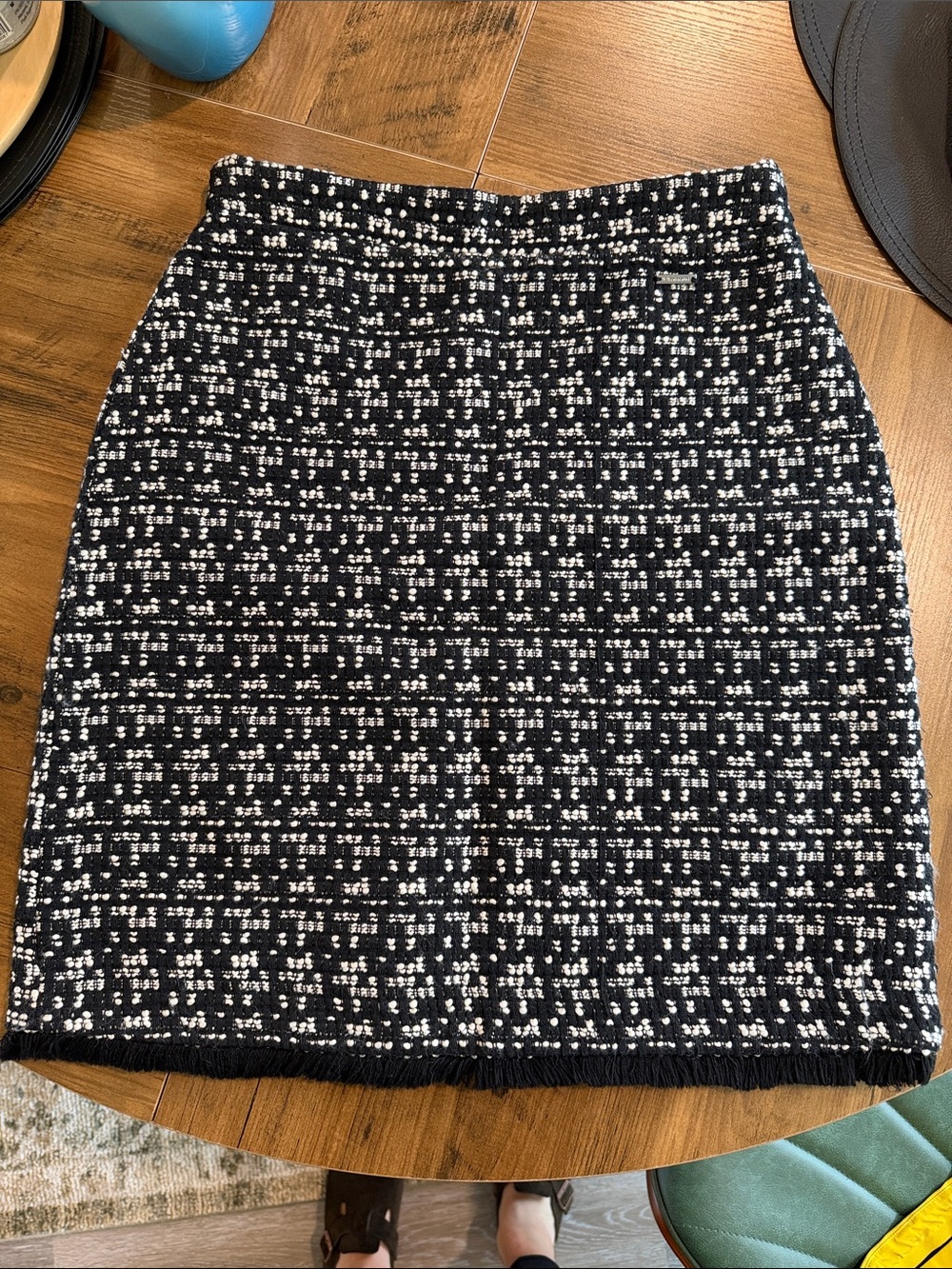 T Tahari Black & White Tweed Pencil Skirt with Fringe Hem